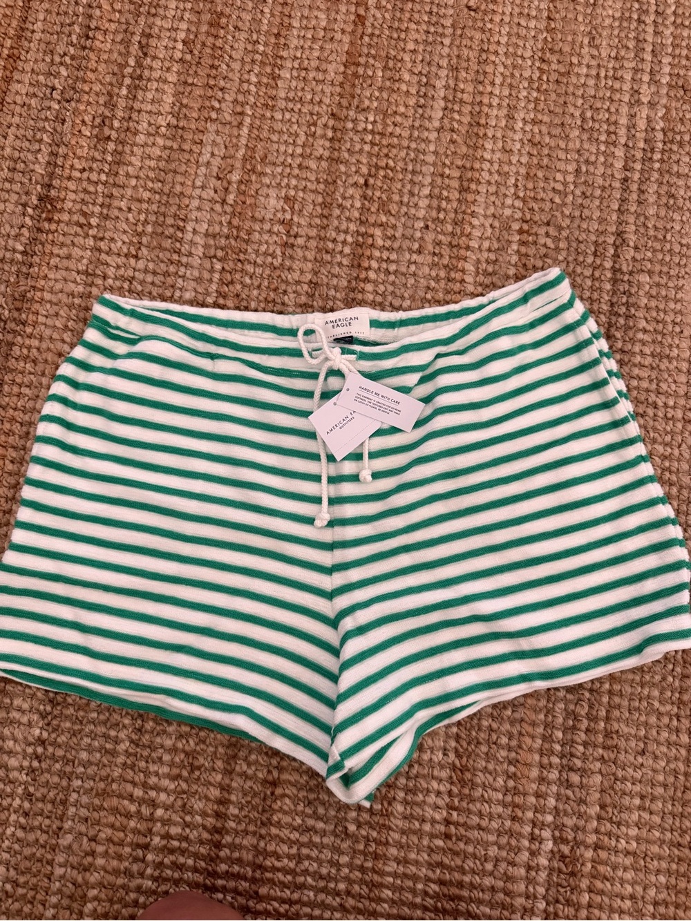 American Eagle Outfitters White & Green Striped Drawstring Lounge Shorts